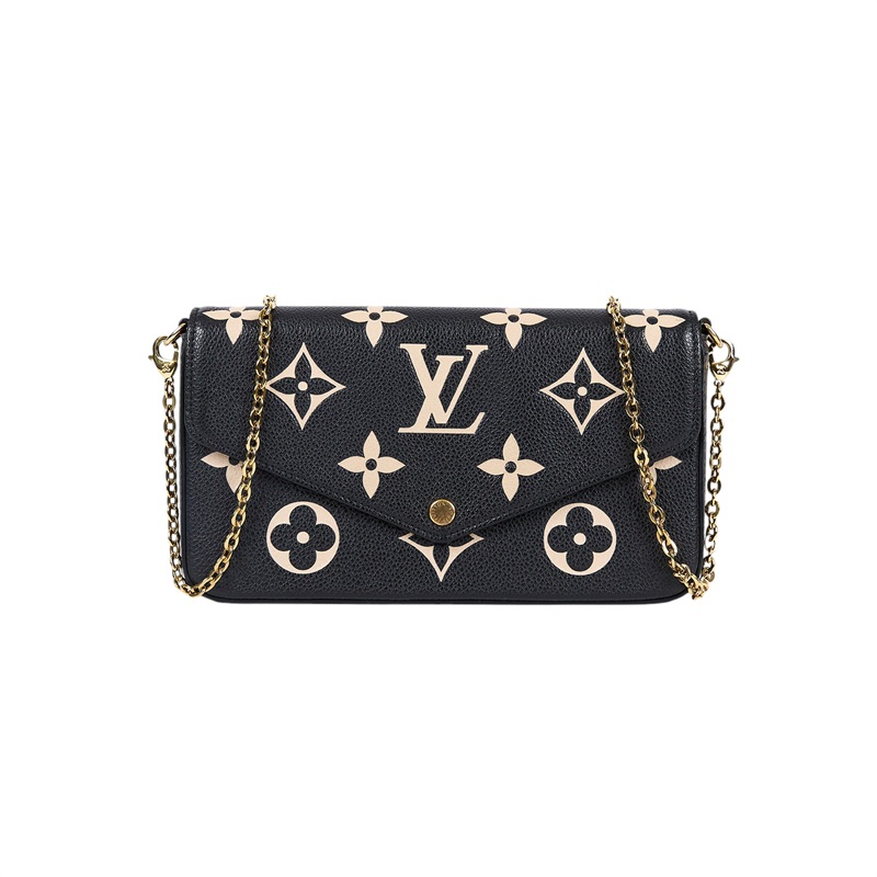 路易威登 LOUIS VUITTON Félicie Pochette 粒面壓花牛皮 翻蓋 斜背 鍊帶 肩背包 黑色 米白色 M82479 晶片款  原廠盒子/防塵袋