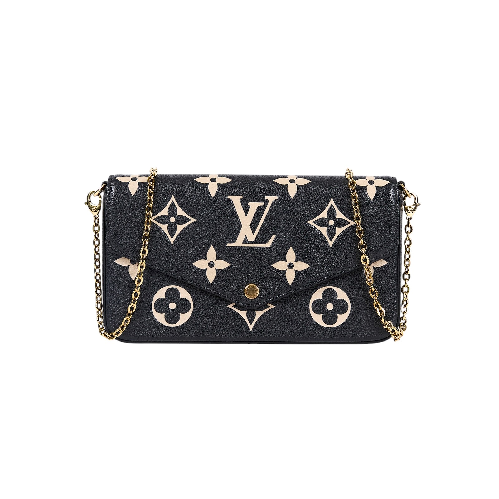 路易威登 LOUIS VUITTON Félicie Pochette 粒面壓花牛皮 翻蓋 斜背 鍊帶 肩背包 黑色 米白色 M82479 晶片款  原廠盒子/防塵袋