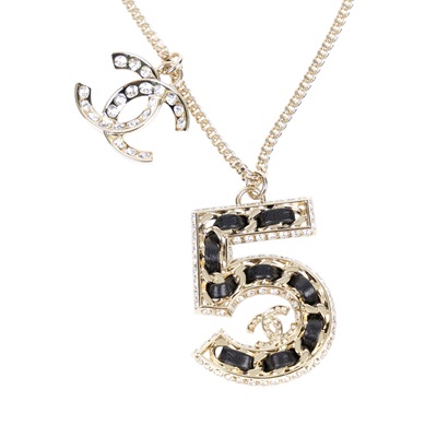 香奈兒 CHANEL No.5 項鍊 ABA286B23P 金色水鑽雙C5號皮串項鍊 原廠盒子/防塵袋