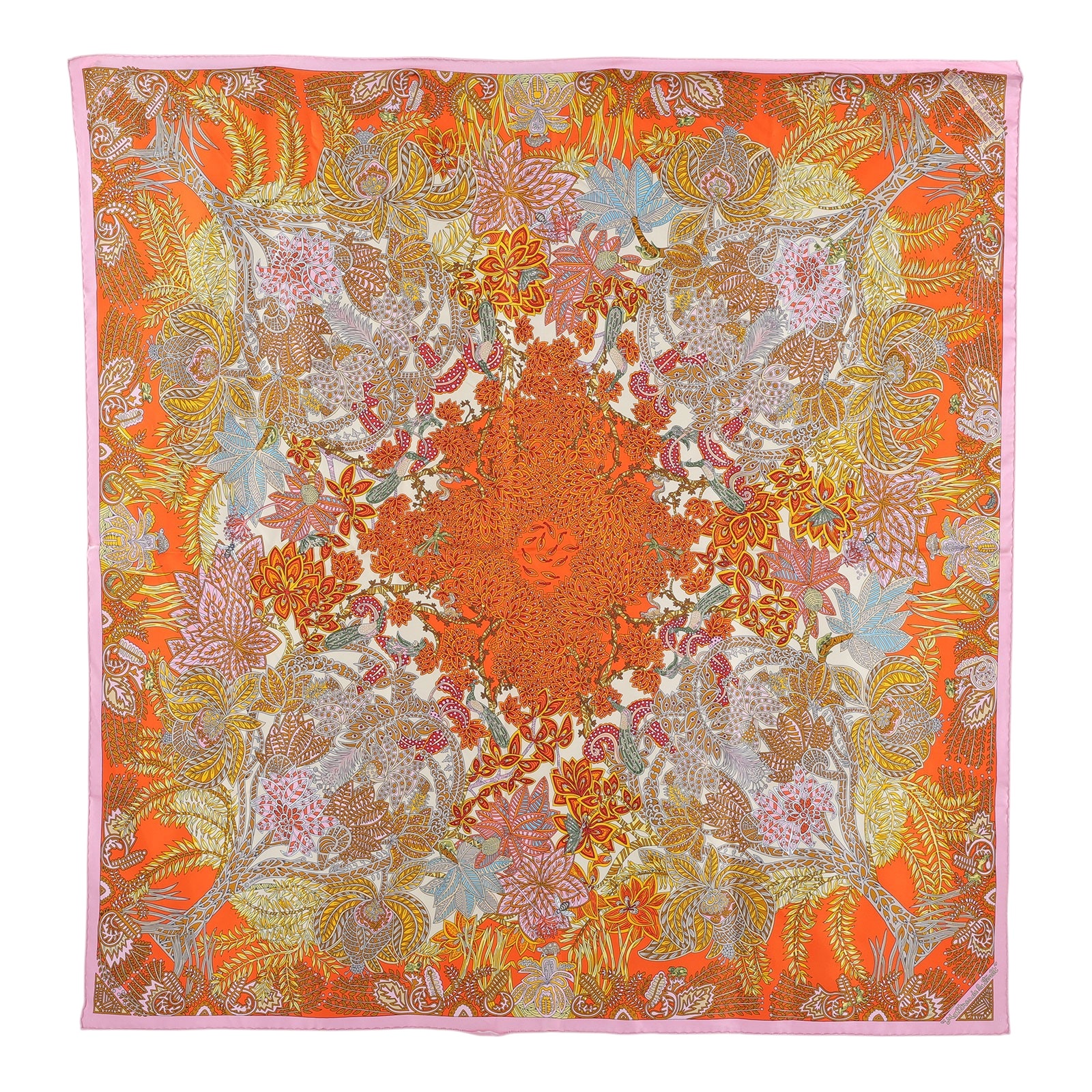 愛馬仕 Hermes 真絲 方巾  粉邊花叢90x90絲巾 原廠盒子