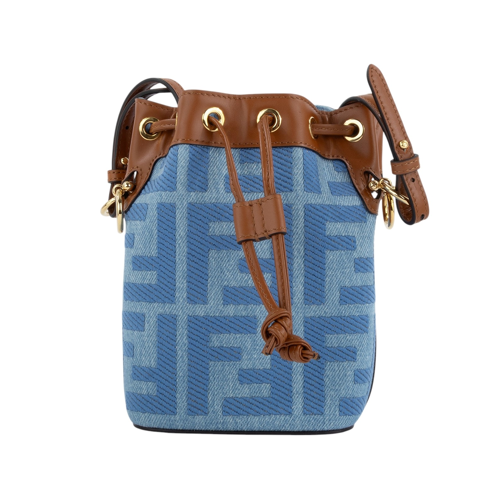 芬迪 FENDI Mon Tresor 丹寧 迷你 手袋 8BS010AP4N 丹寧棕邊FF水桶包MINI 原廠盒子/防塵袋/背帶