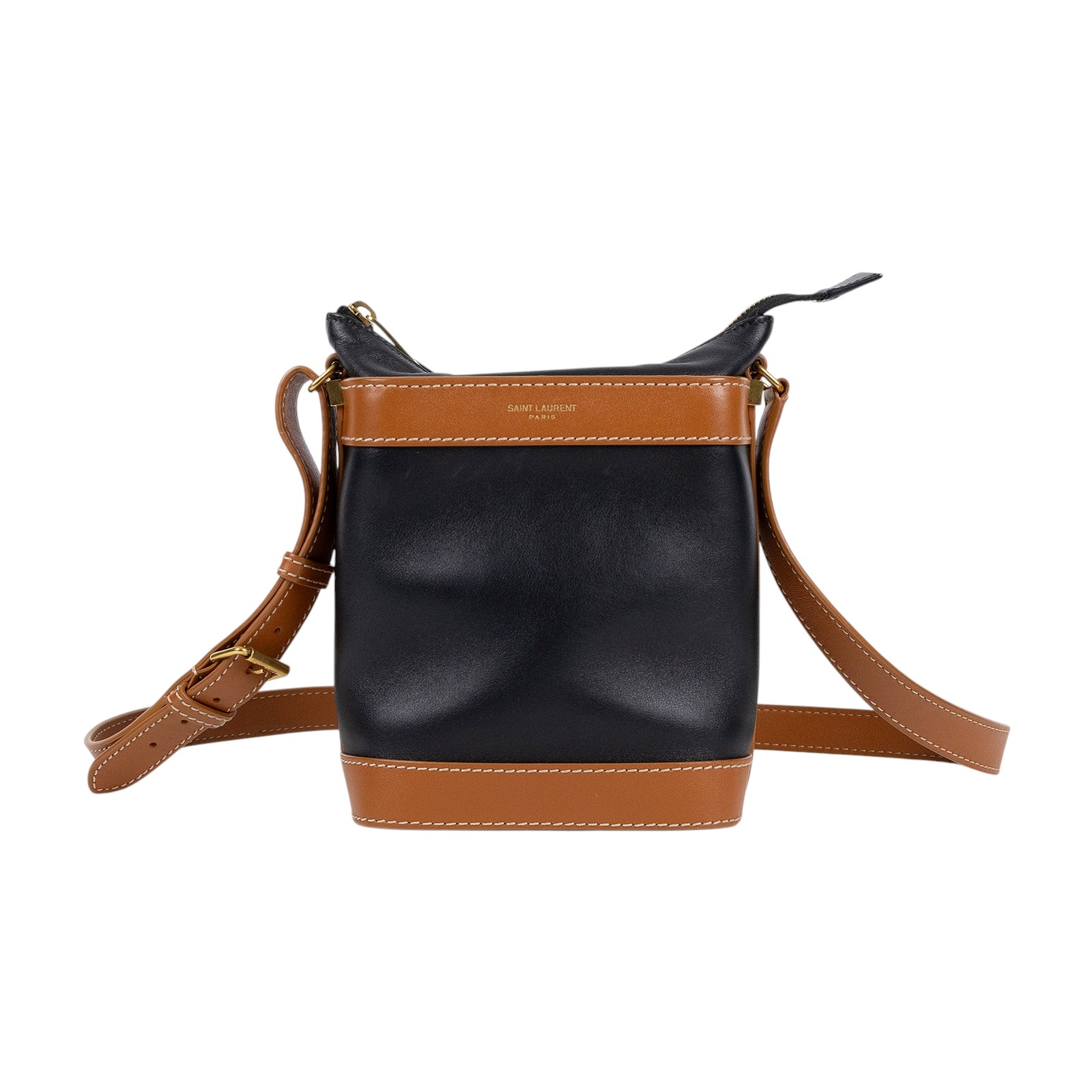聖羅蘭 YSL SAINT LAURENT Aphile 光滑皮革 斜挎水桶包 7111021MS4W 黑拚焦糖水桶包 防塵袋