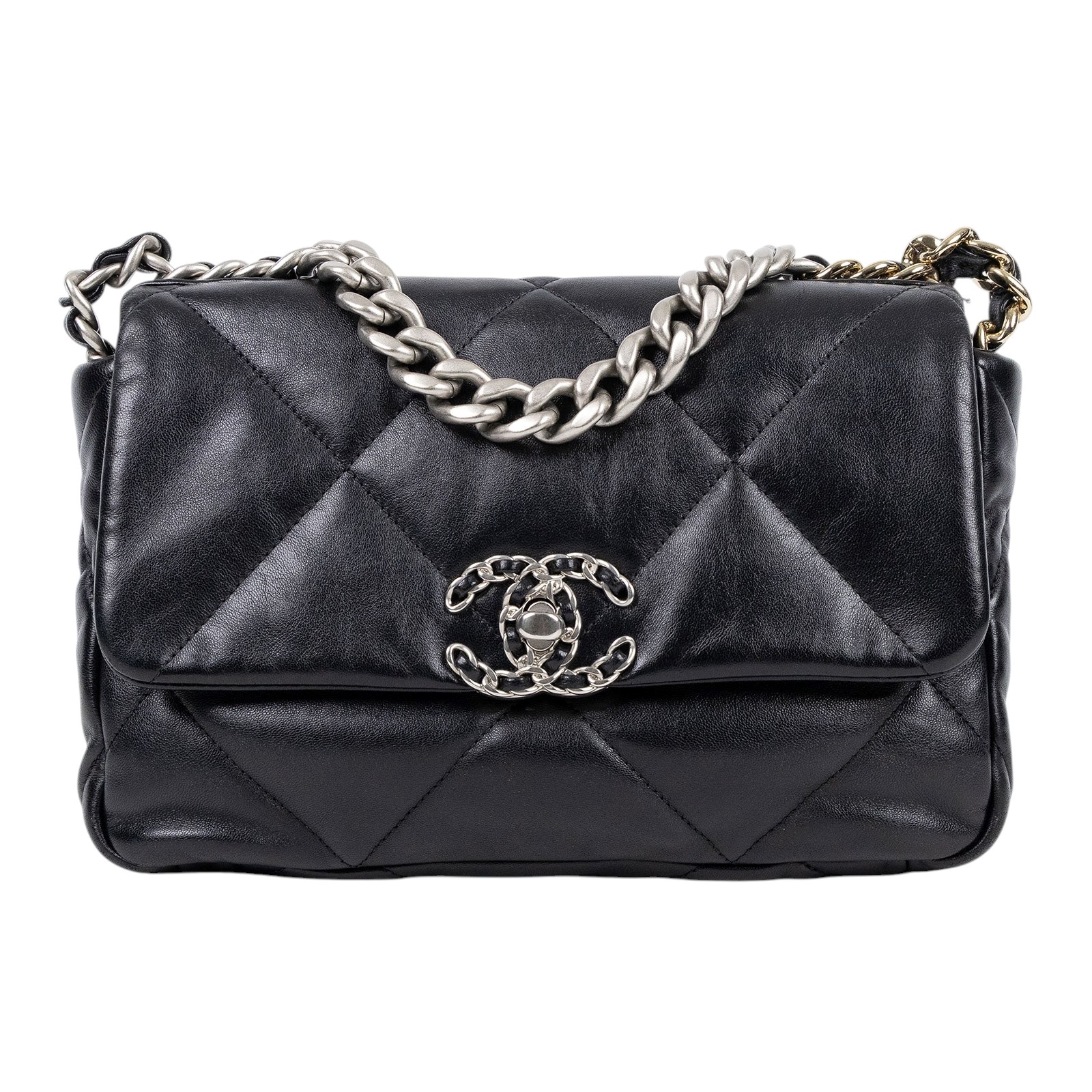 香奈兒 CHANEL 19 口蓋包 菱格紋 金銀鍊帶 手提 肩背包 AS1160 B07327 黑銀19包 26CM 防塵袋/原廠盒子/購買證明