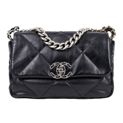 香奈兒 CHANEL 19 口蓋包 菱格紋 金銀鍊帶 手提 肩背包 AS1160 B07327 黑銀19包 26CM 防塵袋/原廠盒子/購買證明