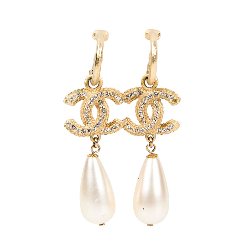 香奈兒 CHANEL 耳釘 A20P 珍珠垂墜雙C耳環 原廠盒子/防塵袋