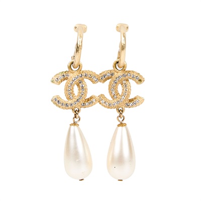 香奈兒 CHANEL 耳釘 A20P 珍珠垂墜雙C耳環 原廠盒子/防塵袋