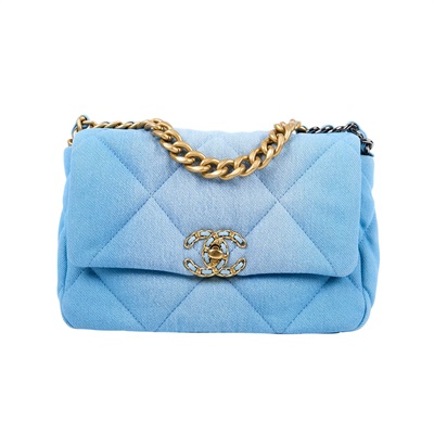 香奈兒 CHANEL 19 口蓋包 菱格紋 金銀鍊帶 手提 肩背包 AS1160 B15082 淺藍牛仔19 26CM 原廠盒子/防塵袋/購買證明