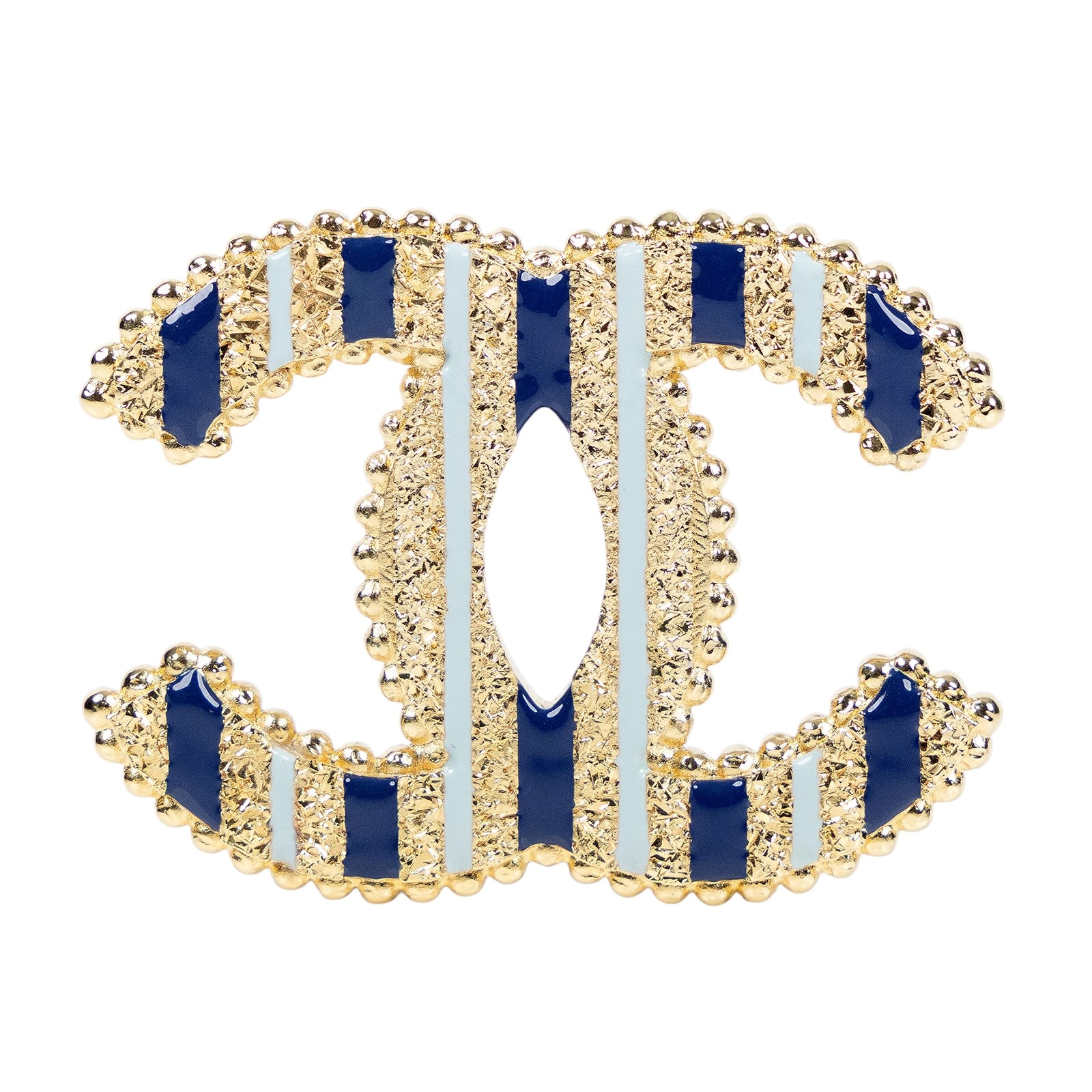 香奈兒 CHANEL 胸針 飾品 A24P 藍金直條紋雙C胸針 原廠盒子