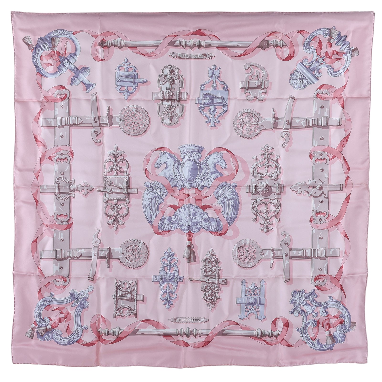 愛馬仕 Hermes Ferronnerie scarf 90 絲巾  粉圖騰絲巾 原廠盒子