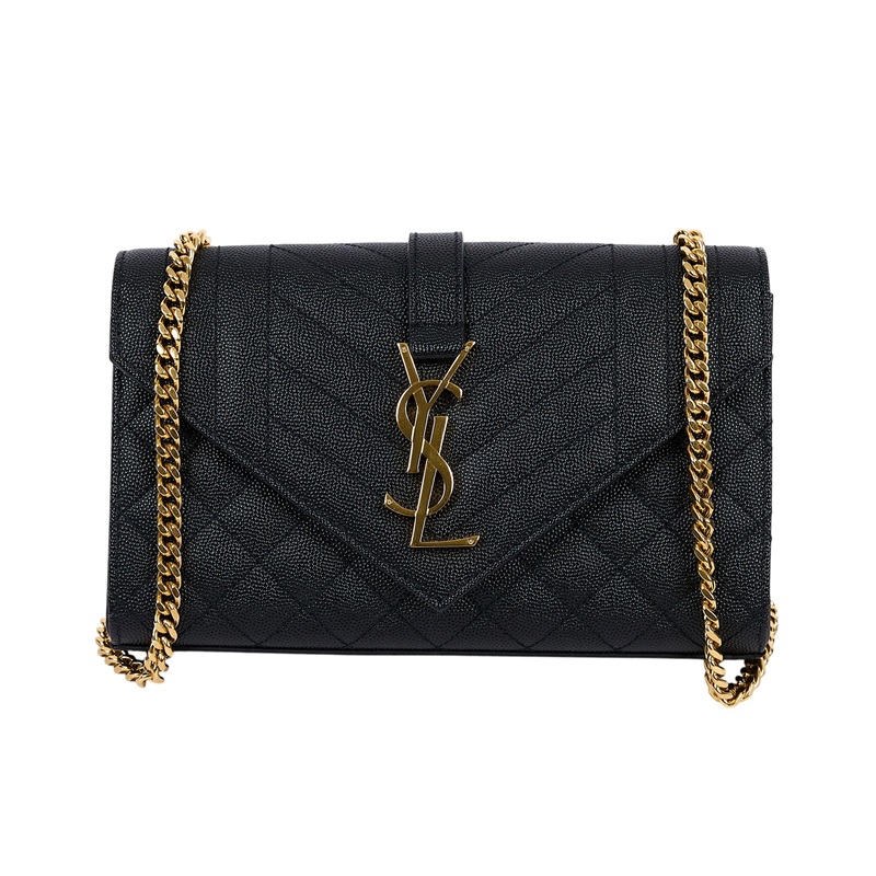 聖羅蘭 YSL SAINT LAURENT Envelope 粒面絎縫皮革 小型 信封袋 600195BOW91 黑金荔枝鍊條信封包 防塵袋/購買證明