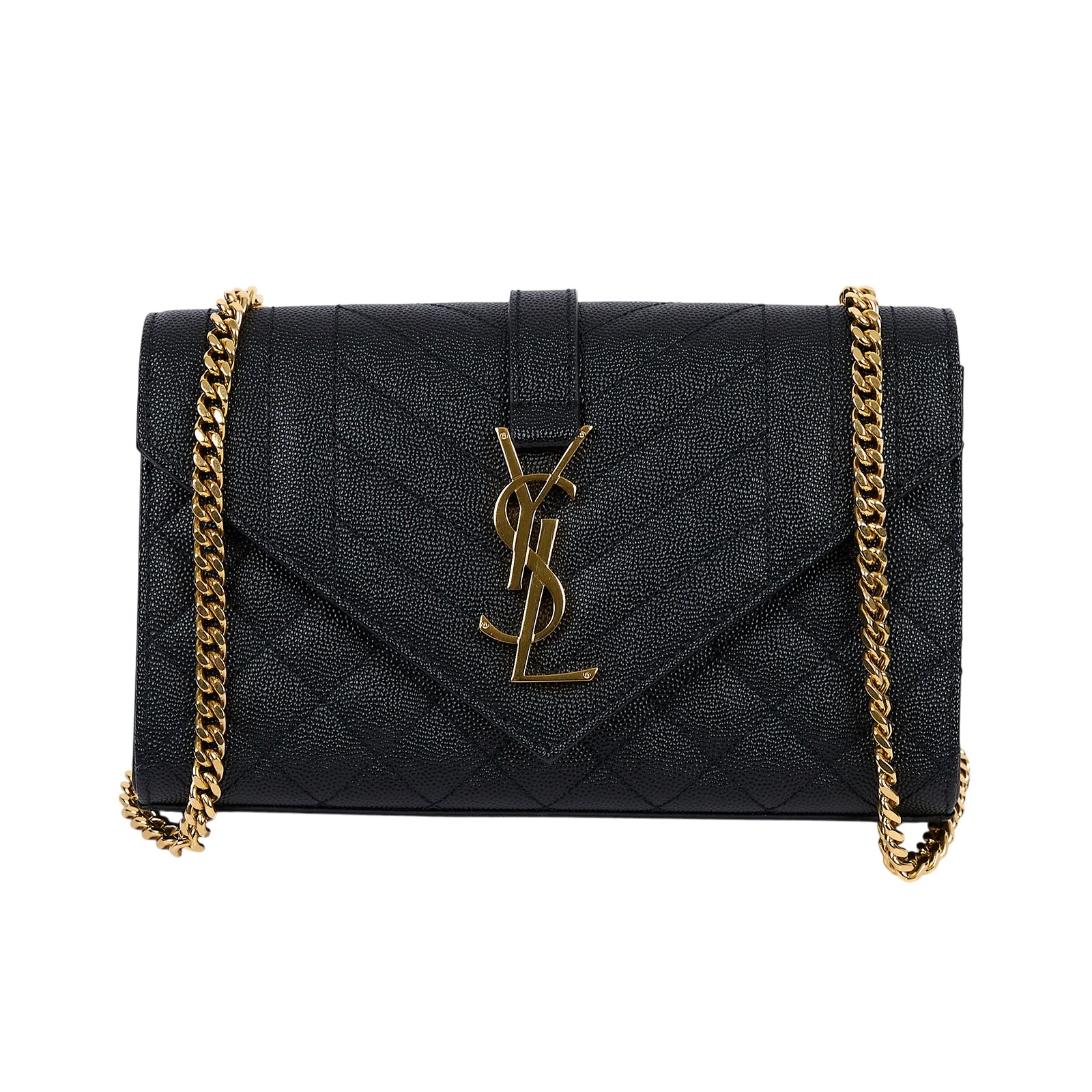 聖羅蘭 YSL SAINT LAURENT Envelope 粒面絎縫皮革 小型 信封袋 600195BOW91 黑金荔枝鍊條信封包 防塵袋/購買證明