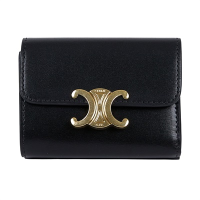 思琳 CELINE 亮面牛皮革 TRIOMPHE COMPACT 銀包連零錢格 10I653DPV 黑金凱旋短夾 原廠盒子/防塵袋