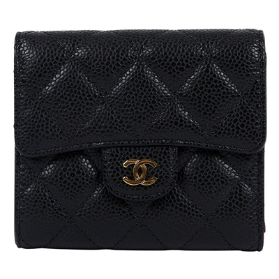 香奈兒 CHANEL 經典 小型 口蓋 皮夾 小牛皮 短夾  AP0231 Y01864 31開黑金荔枝三折短夾 原廠盒子/防塵袋/保證卡/購買證明影本