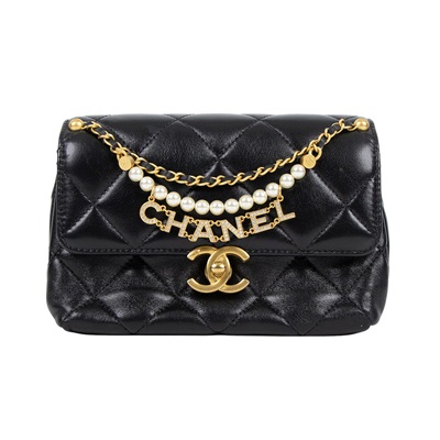 香奈兒 CHANEL 24A CF 珍珠鏈 鑽石logo鏈條 肩背包 口蓋包 黑金 羊皮 斜挎 單肩 黑色 AS4986 B17360 黑珍珠鍊COCO20 　邊角擦傷 原廠盒子/防塵袋