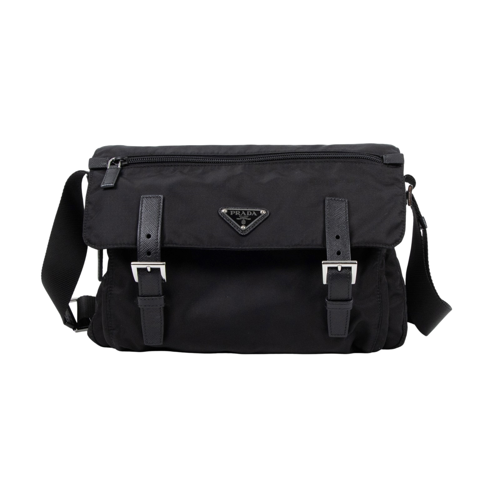 普拉達 PRADA Re-Nylon Saffiano 皮革 肩背袋 2VD768_2DMH 黑尼龍郵差包 防塵袋