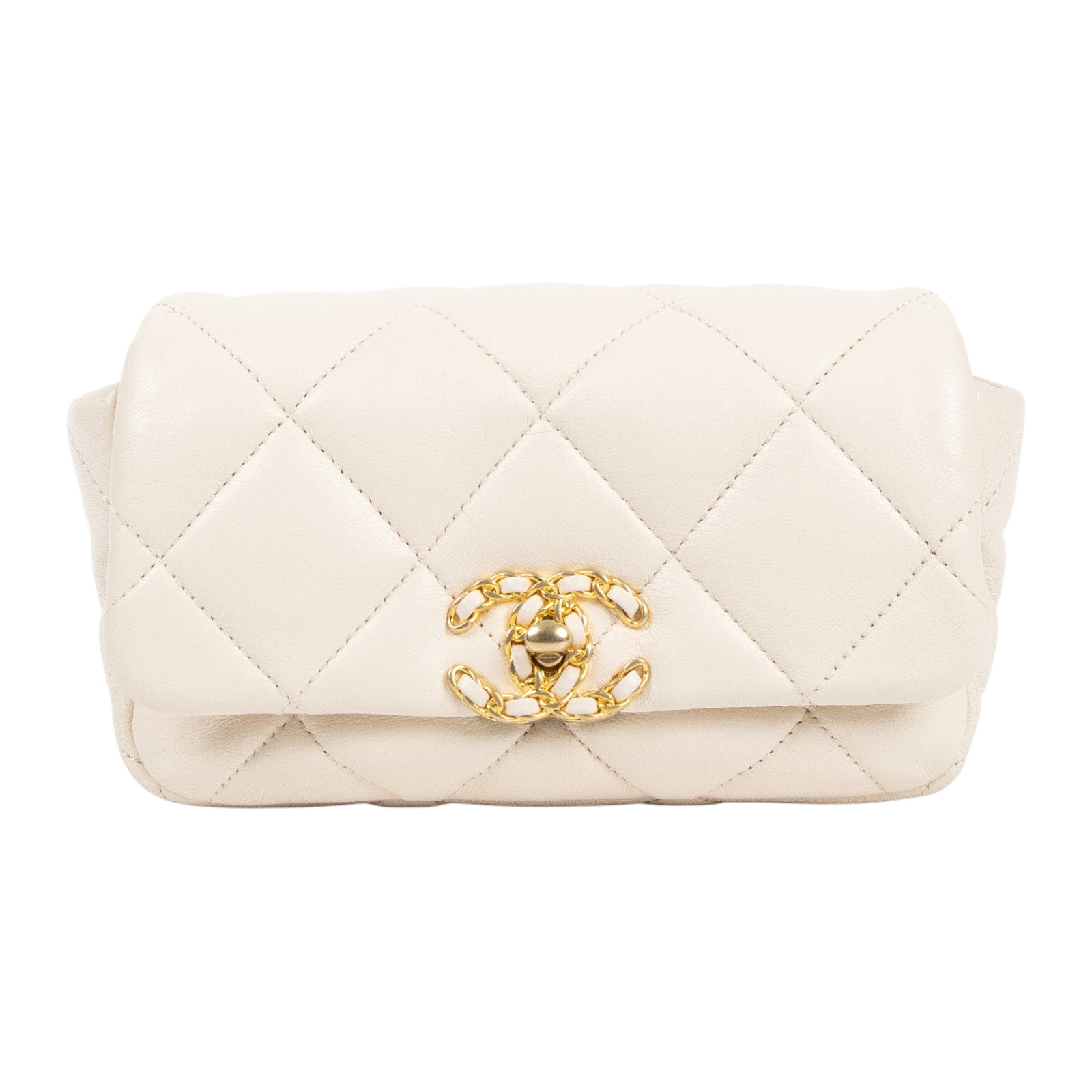 香奈兒 CHANEL 19 口蓋包 小羊皮  菱格紋 腰包  29開 奶茶19腰包　　超高 原廠盒子/保證卡