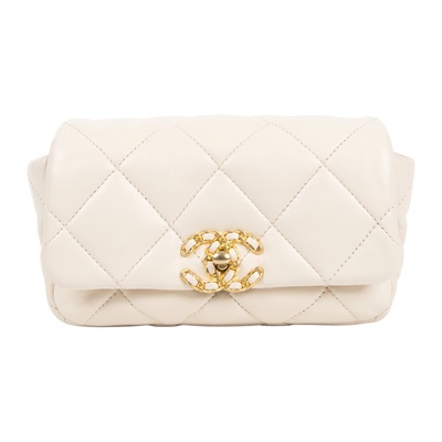 香奈兒 CHANEL 19 口蓋包 小羊皮  菱格紋 腰包  29開 奶茶19腰包　　超高 原廠盒子/保證卡