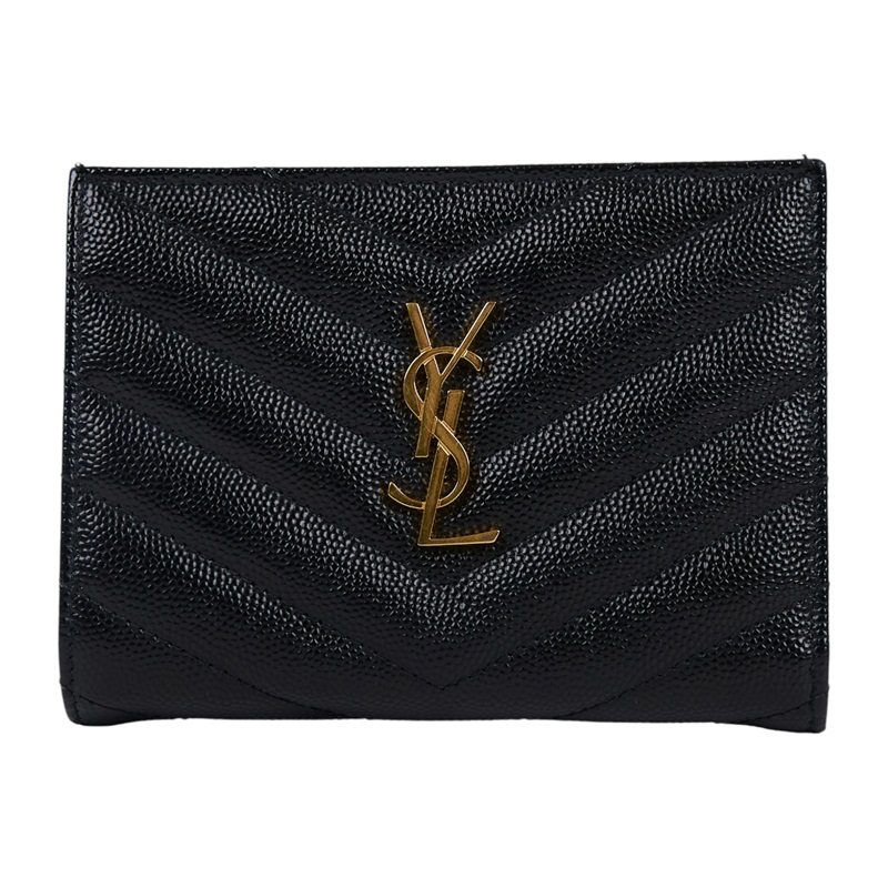 聖羅蘭 YSL SAINT LAURENT Monogram 粒面壓紋皮革 拉鏈 兩摺錢包 金色五金 668287BOW01  原廠盒子/防塵袋