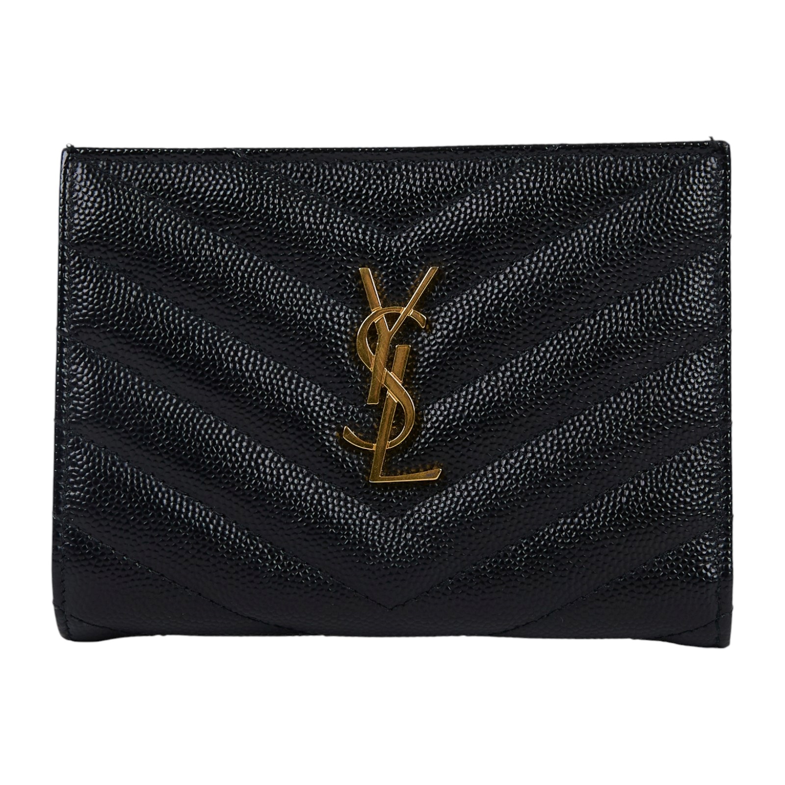 聖羅蘭 YSL SAINT LAURENT Monogram 粒面壓紋皮革 拉鏈 兩摺錢包 金色五金 668287BOW01  原廠盒子/防塵袋