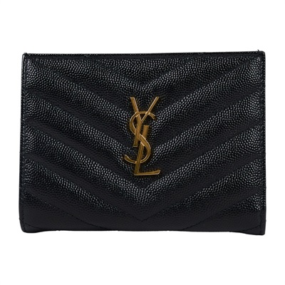 聖羅蘭 YSL SAINT LAURENT Monogram 粒面壓紋皮革 拉鏈 兩摺錢包 金色五金 668287BOW01  原廠盒子/防塵袋