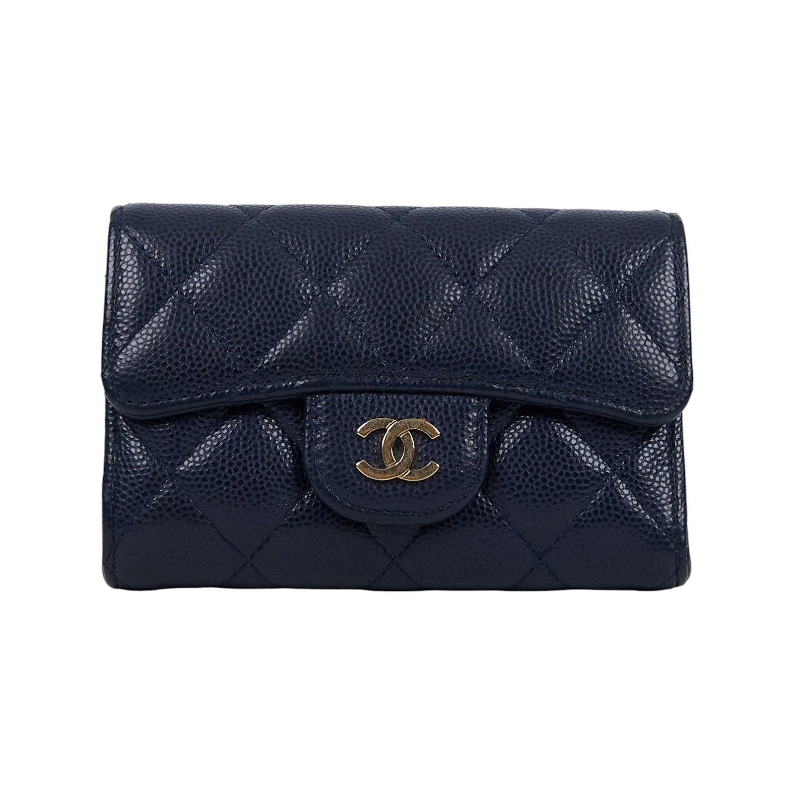 香奈兒 CHANEL 經典口蓋卡片夾 AP0214 29開 深藍荔枝單層卡包 原廠盒子/防塵袋/保證卡