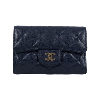 香奈兒 CHANEL 經典口蓋卡片夾 AP0214 29開 深藍荔枝單層卡包 原廠盒子/防塵袋/保證卡