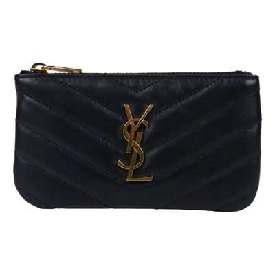 聖羅蘭 YSL SAINT LAURENT Monogram 絎縫皮革 鑰匙小袋 金色五金 438386CWU01 黑金鑰匙零錢包 防塵袋