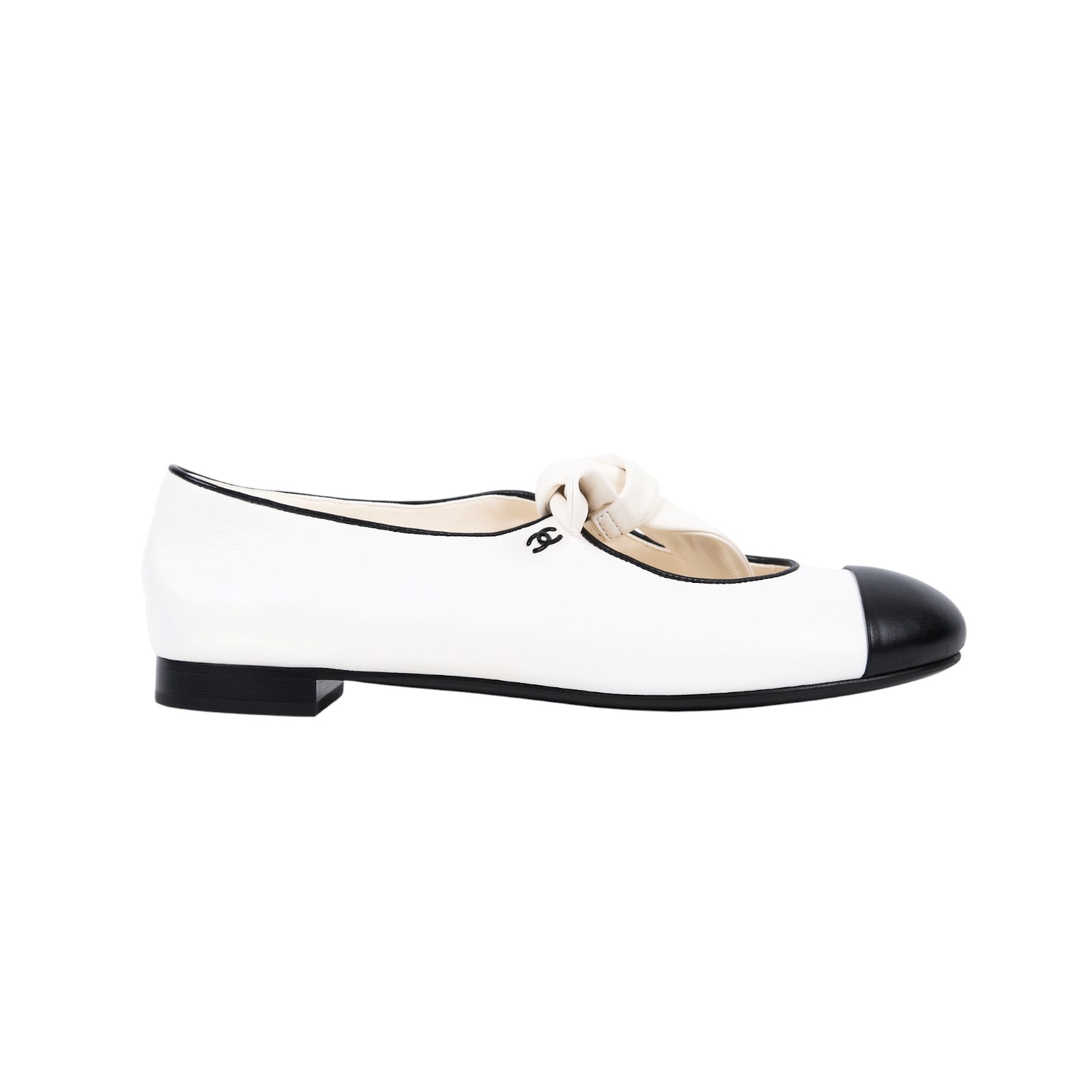香奈兒 CHANEL CC 娃娃鞋 G46149_375 白黑邊平底鞋 防塵袋