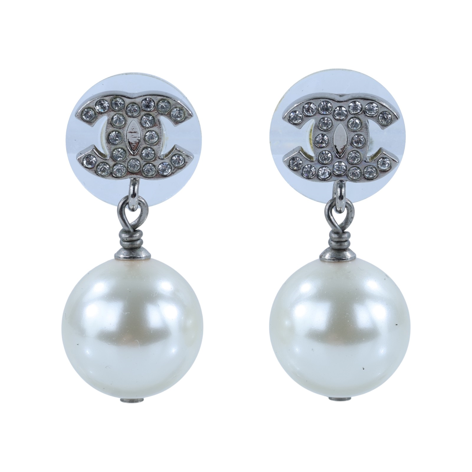 香奈兒 CHANEL CC 珍珠 耳釘 耳環 A36138A36138/A23V/F 銀色珍珠水鑽雙C垂墜耳環 原廠盒子/內襯