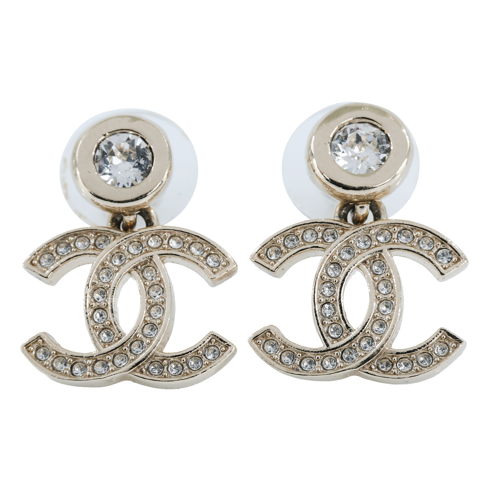 香奈兒 CHANEL CC LOGO 耳環 耳釘 B25 S 金色水鑽垂墜耳環 原廠盒子/內襯