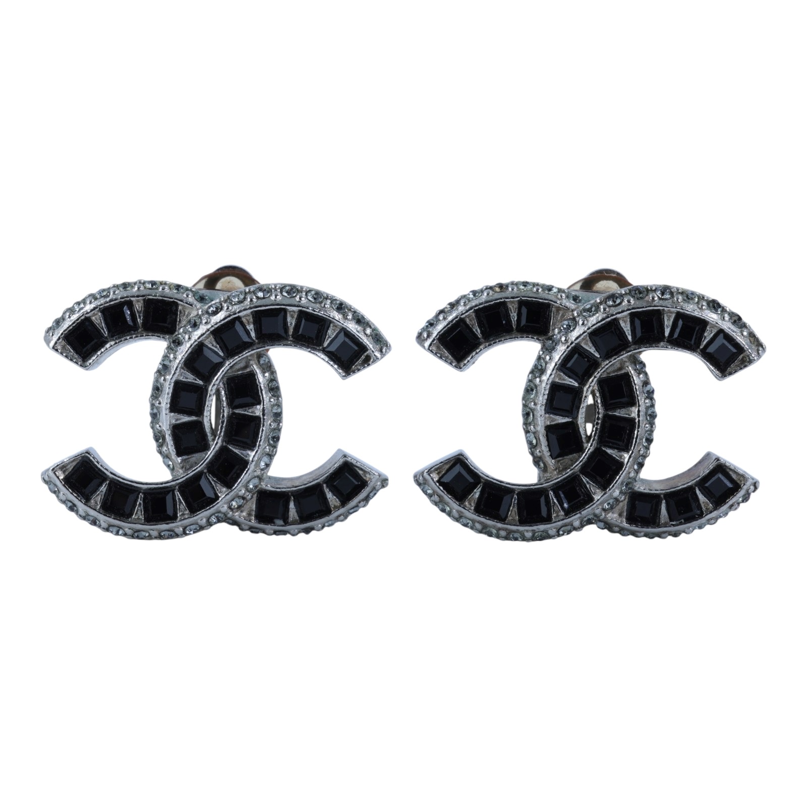 香奈兒 CHANEL CC LOGO 夾式 耳環 A15K 銀色黑石雙C夾式耳環 原廠盒子/內襯