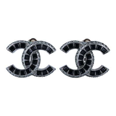 香奈兒 CHANEL CC LOGO 夾式 耳環 A15K 銀色黑石雙C夾式耳環 原廠盒子/內襯