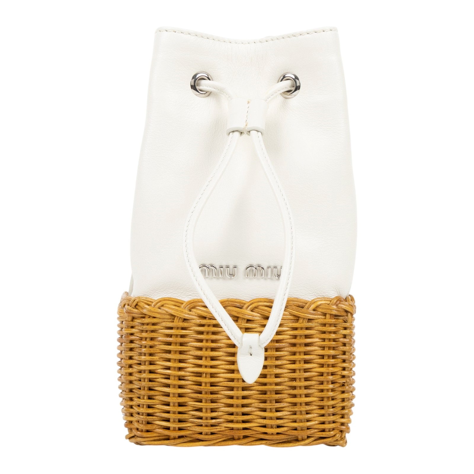 繆繆 MIU MIU 水桶包 斜背包 單肩包 5BH127_2CAH 白色竹編小水桶包 防塵袋/保證卡