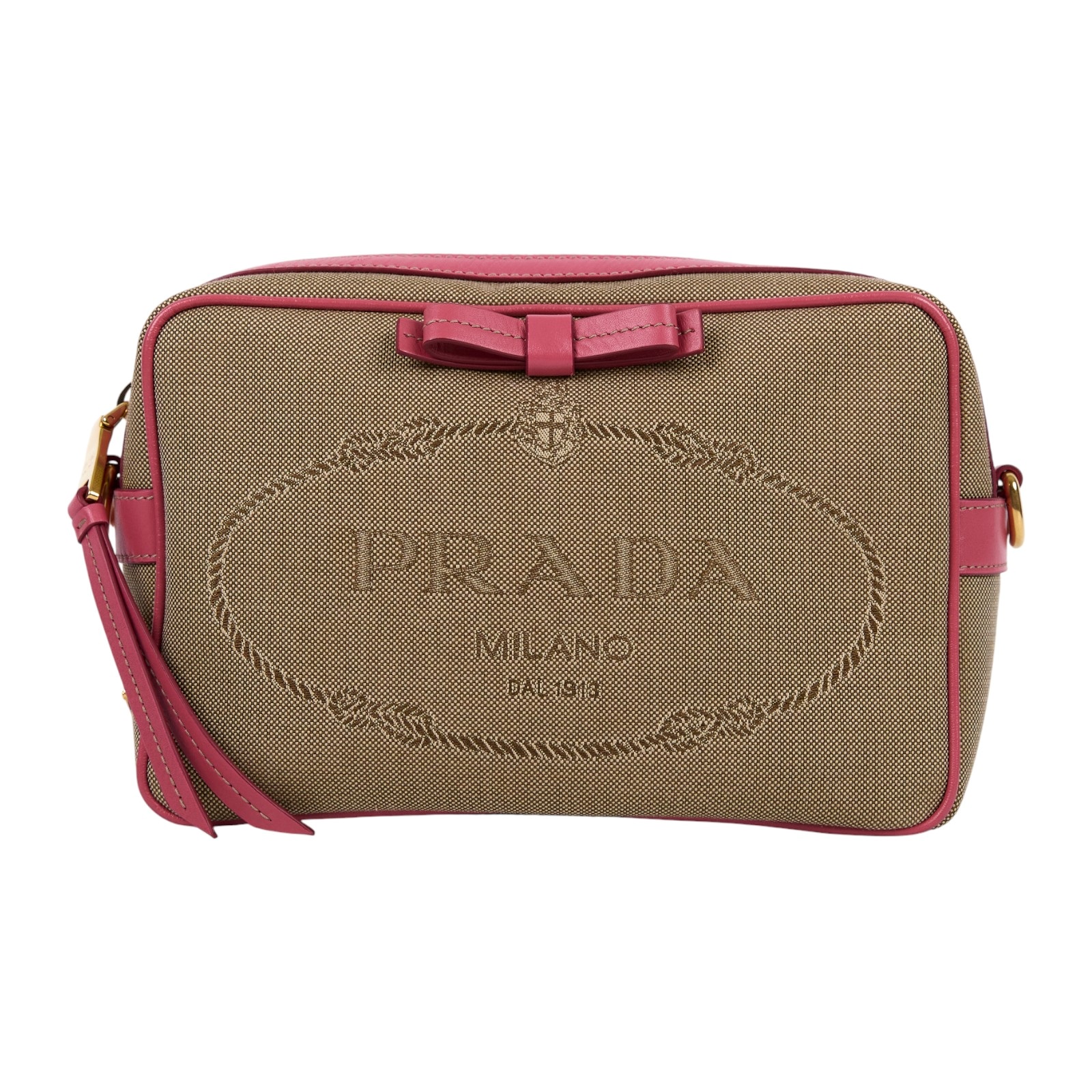 普拉達 PRADA Jacquard 單肩包 相機包 1BH089_UCW 卡其粉邊相機包 防塵袋