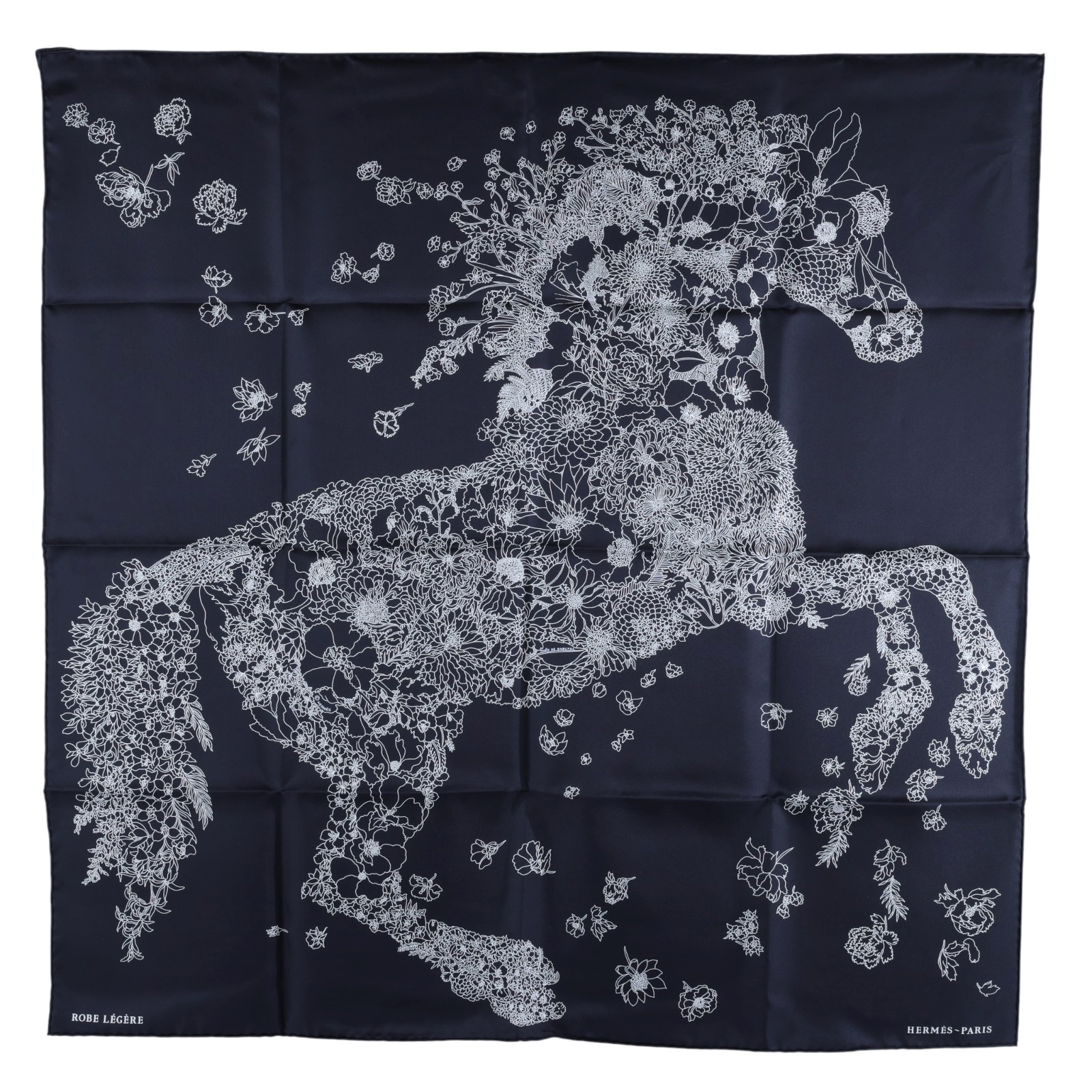 愛馬仕 Hermes Robe Legere 90 方巾   黑花卉絲巾90X90 原廠盒子