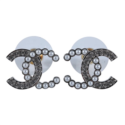 香奈兒 CHANEL CC LOGO 耳環 耳釘 B25V 水鑽珍珠雙C耳環 原廠盒子