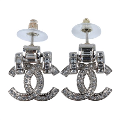 香奈兒 CHANEL CC LOGO 耳環 耳釘 A23 P 銀色水鑽雙C耳環 無附屬品