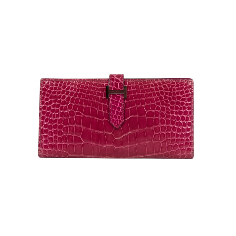 愛馬仕 Hermes Bearn Soufflet 長夾 銀色五金 桃紅色 H047208CK5J /口M刻 FUCHSIA鱷魚皮BEARN長夾 原廠盒子