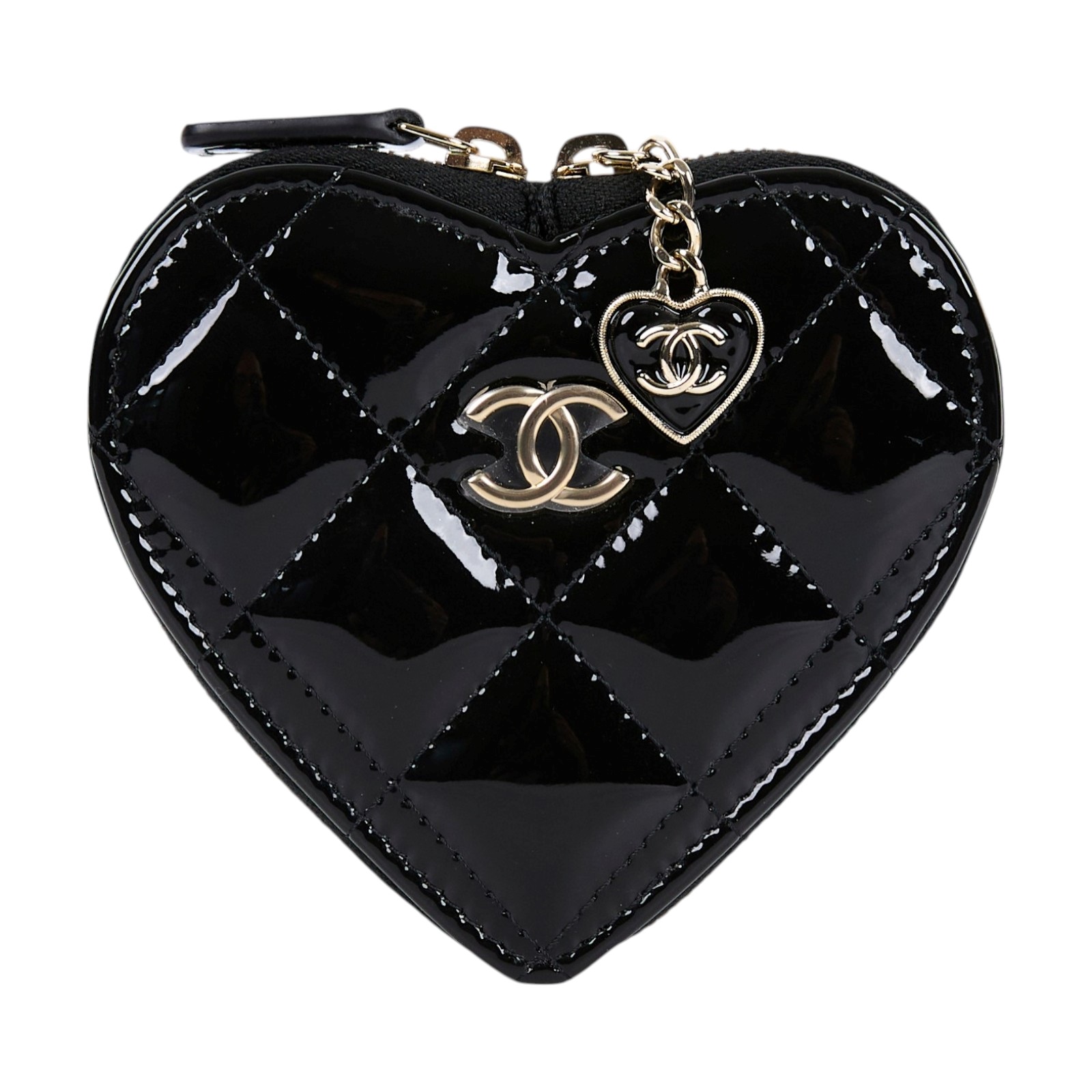香奈兒 CHANEL CC LOGO 漆面 零錢包 錢包 掛飾  晶片款 黑漆皮愛心零錢包 原廠盒子/防塵袋