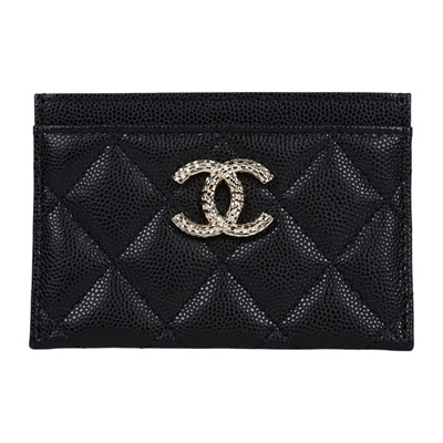 香奈兒 CHANEL CC Logo 卡夾 錢包  晶片款 黑荔枝雙C卡夾 原廠盒子/防塵袋