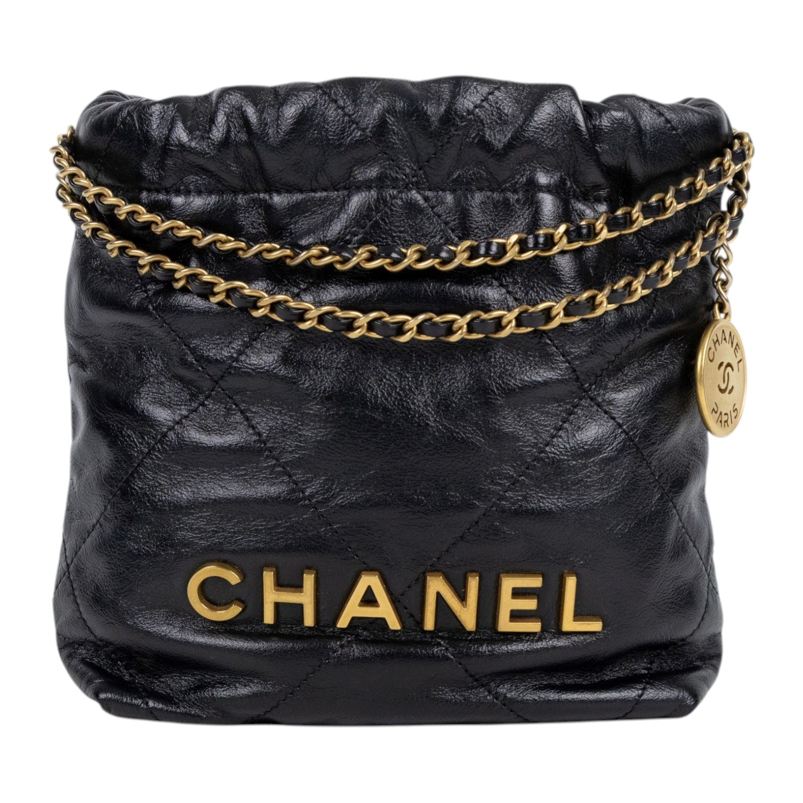 香奈兒 CHANEL 22 迷你 束口包 AS3980 晶片款 黑金小牛皮22包 MINI 新版 原廠盒子/防塵袋