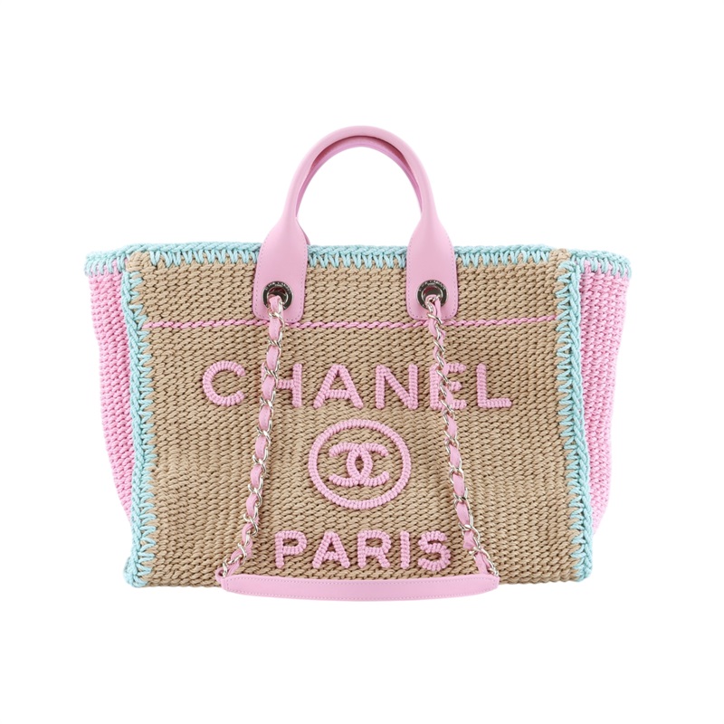 香奈兒 CHANEL 沙灘包 托特包  晶片款 粉藍拚色編織沙灘包 防塵袋