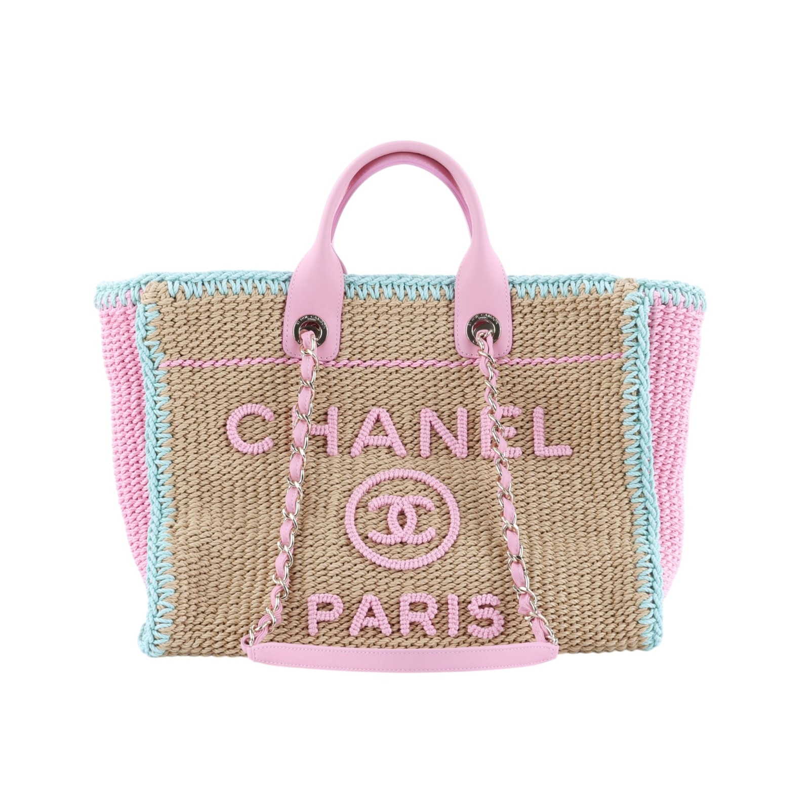 香奈兒 CHANEL 沙灘包 托特包  晶片款 粉藍拚色編織沙灘包 防塵袋