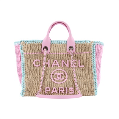 香奈兒 CHANEL 沙灘包 托特包  晶片款 粉藍拚色編織沙灘包 防塵袋