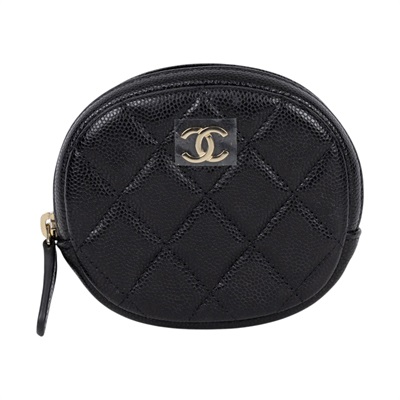 香奈兒 CHANEL CC logo 零錢包 A68995 黑金荔枝橢圓拉鍊零錢包 原廠盒子/防塵袋/保證卡