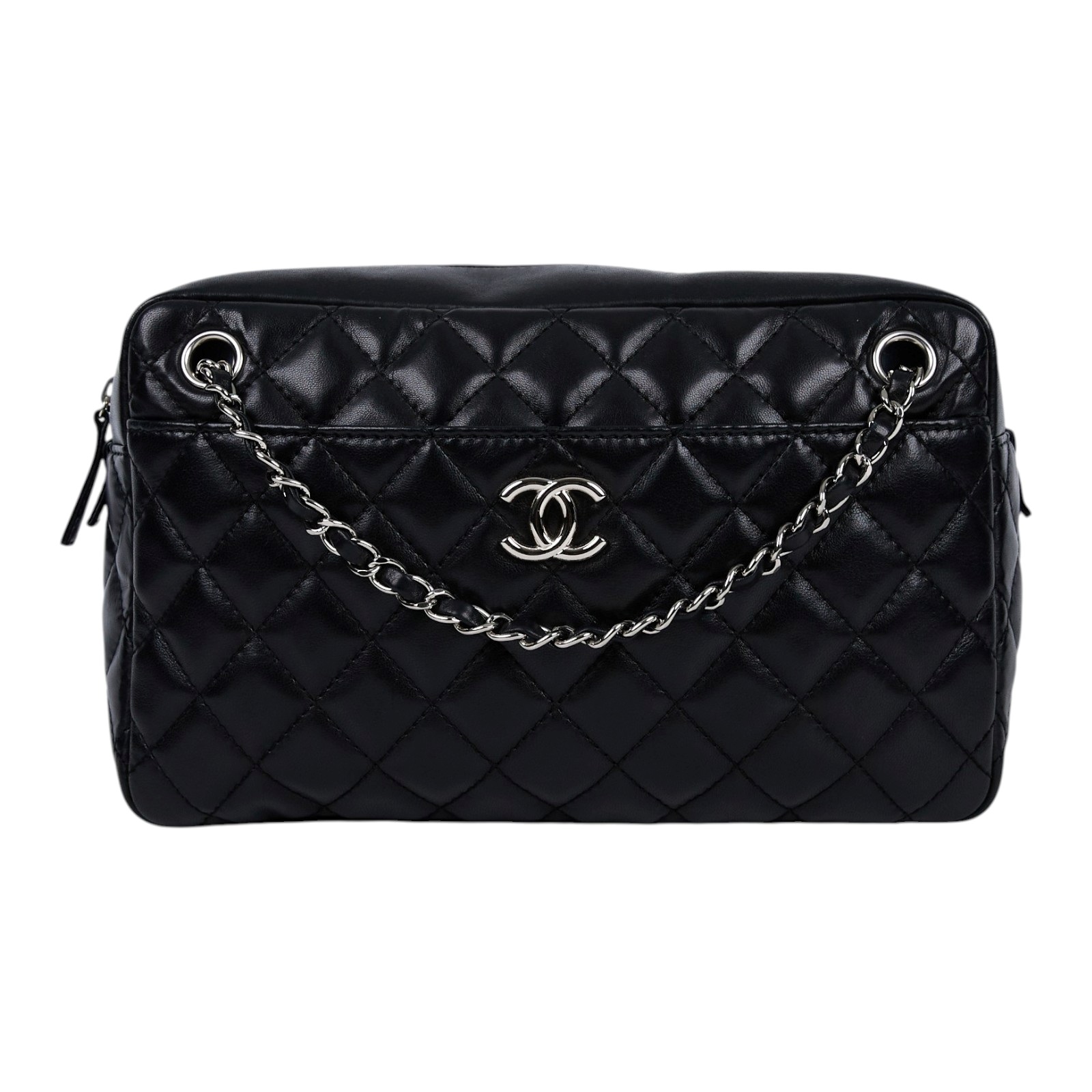 香奈兒 CHANEL Matelasse 肩背包  12開黑銀羊肩背包 防塵袋/保證卡
