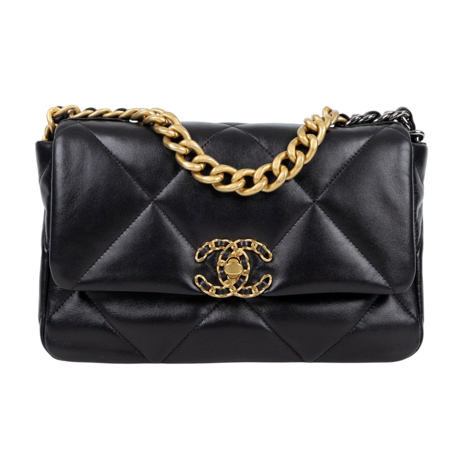 香奈兒 CHANEL 19 口蓋包 菱格紋 金銀鍊帶 手提 肩背包 AS1160 晶片款 黑金19包 26CM 原廠盒子/防塵袋