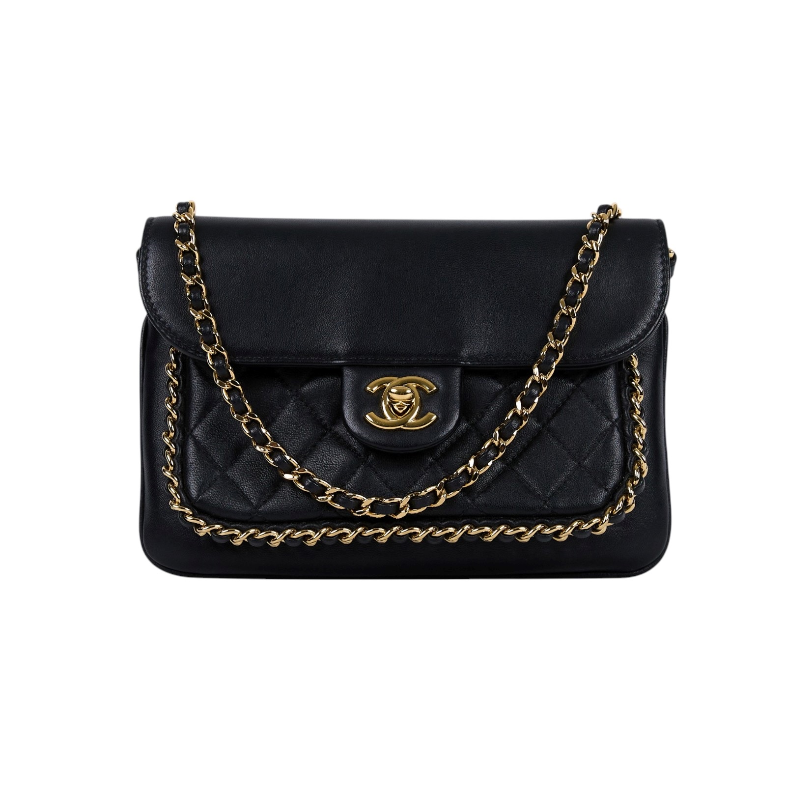 香奈兒 CHANEL Unchained 口蓋包  23開黑羊鍊條斜背包 保證卡