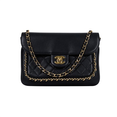 香奈兒 CHANEL Unchained 口蓋包  23開黑羊鍊條斜背包 保證卡