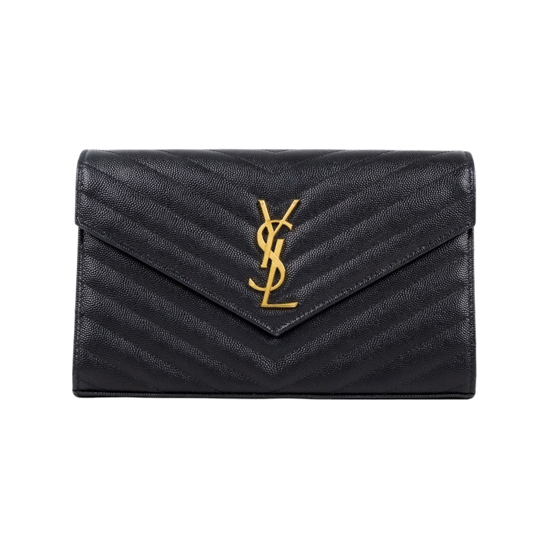 聖羅蘭 YSL SAINT LAURENT Cassandre 經典粒面皮革 鏈條 錢包 金色五金 377828BOW01 黑金魚子醬WOC 無附屬品